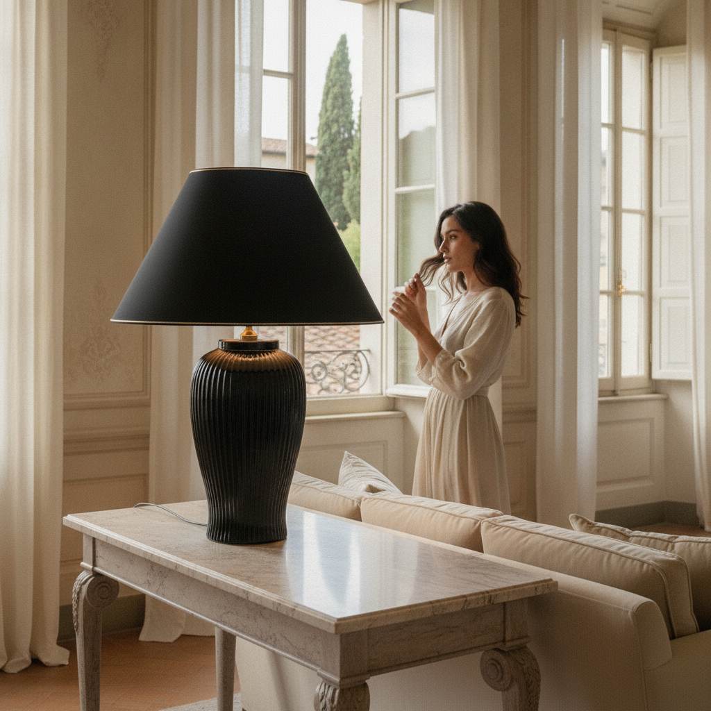 Lunatre Nobile Nero, Ambiente, Schirm Empire Schwarz – handgefertigte Tischlampe aus Italien #shade:schwarz #form:empire